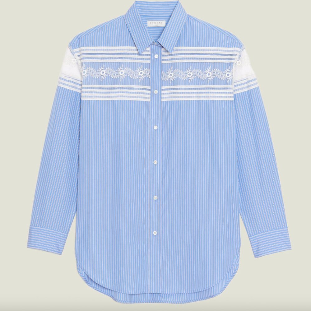 Sandro Blue Striped Shirt With Lace Inset | NWOT